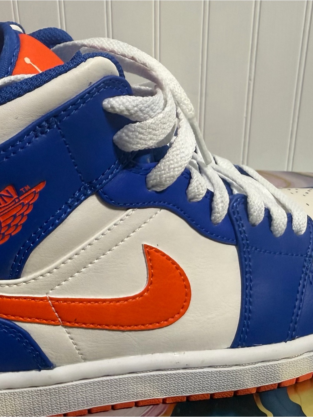 Jordan Kids High-Top Sneakers in White, Blue & Orange